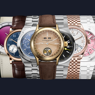 Collection of new watches from Panerai, M.A.D.Editions, A. Lange & Söhne, Vacheron Constantin, Laurent Ferrier, Tudor, Rolex, Audemars Piguet and Bulgari on a dark background.
