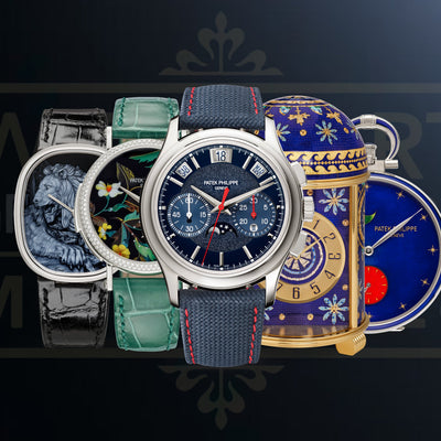 Patek Philippe Watch Art Grand Exhibition Milan 2026 collection, featuring the platinum Ref. 5978P-010 instantaneous perpetual calendar chronograph alongside rare handcrafted wristwatches and an enamelled dome table clock.