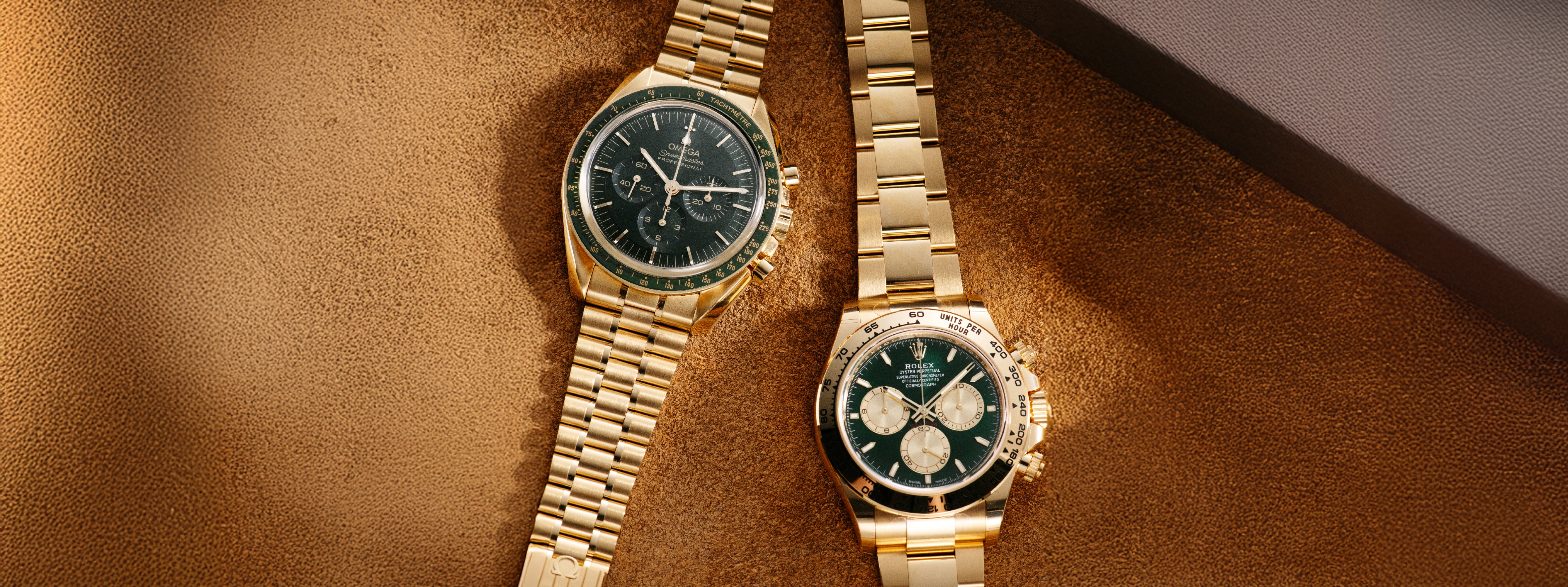 Omega Speedmaster and Rolex Daytona John Mayer green dial chronographs