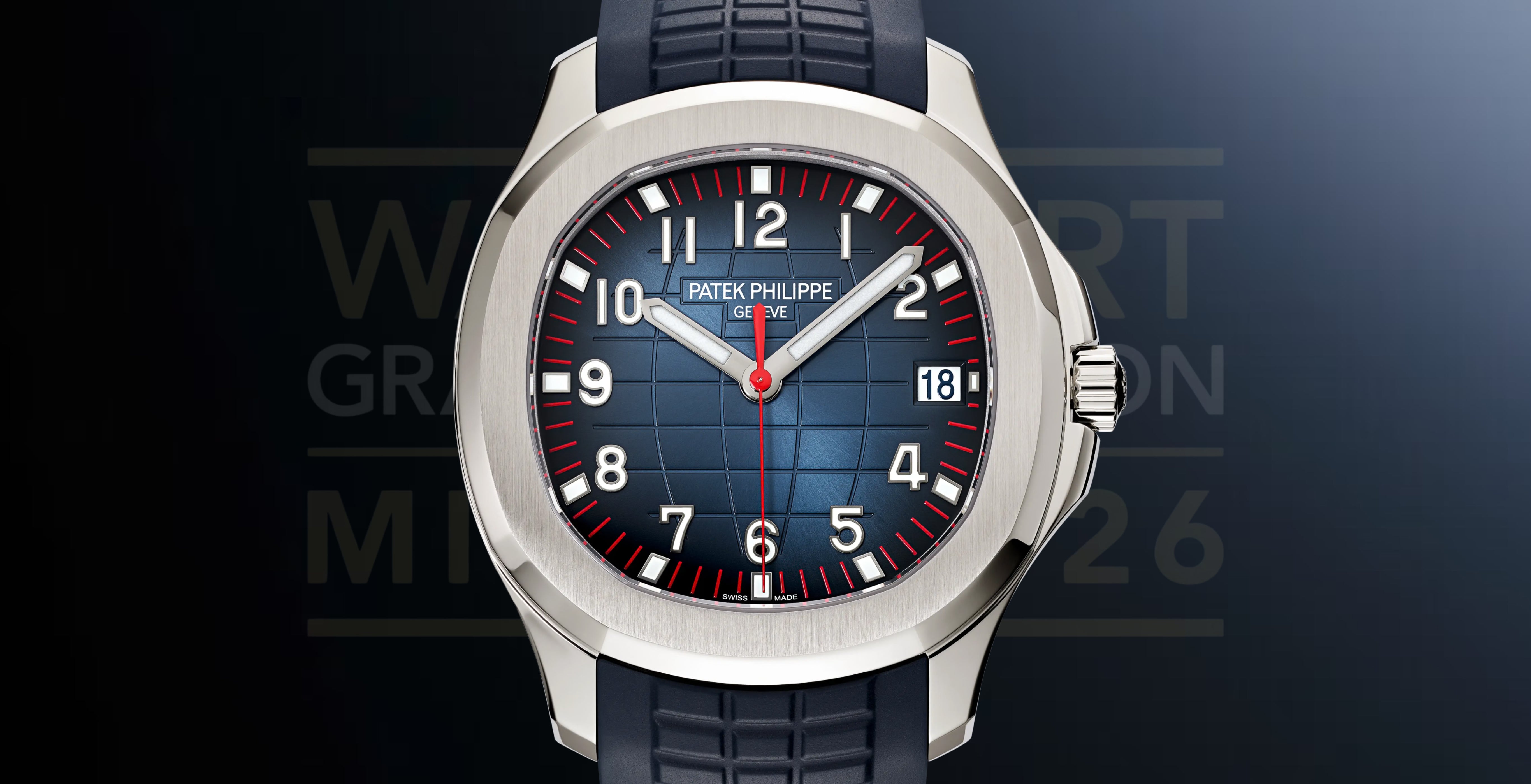 Patek Philippe Aquanaut Ref. 5167A-014 in stainless steel, featuring a blue embossed dial with red minute markers and seconds hand, date aperture and matching blue composite strap.