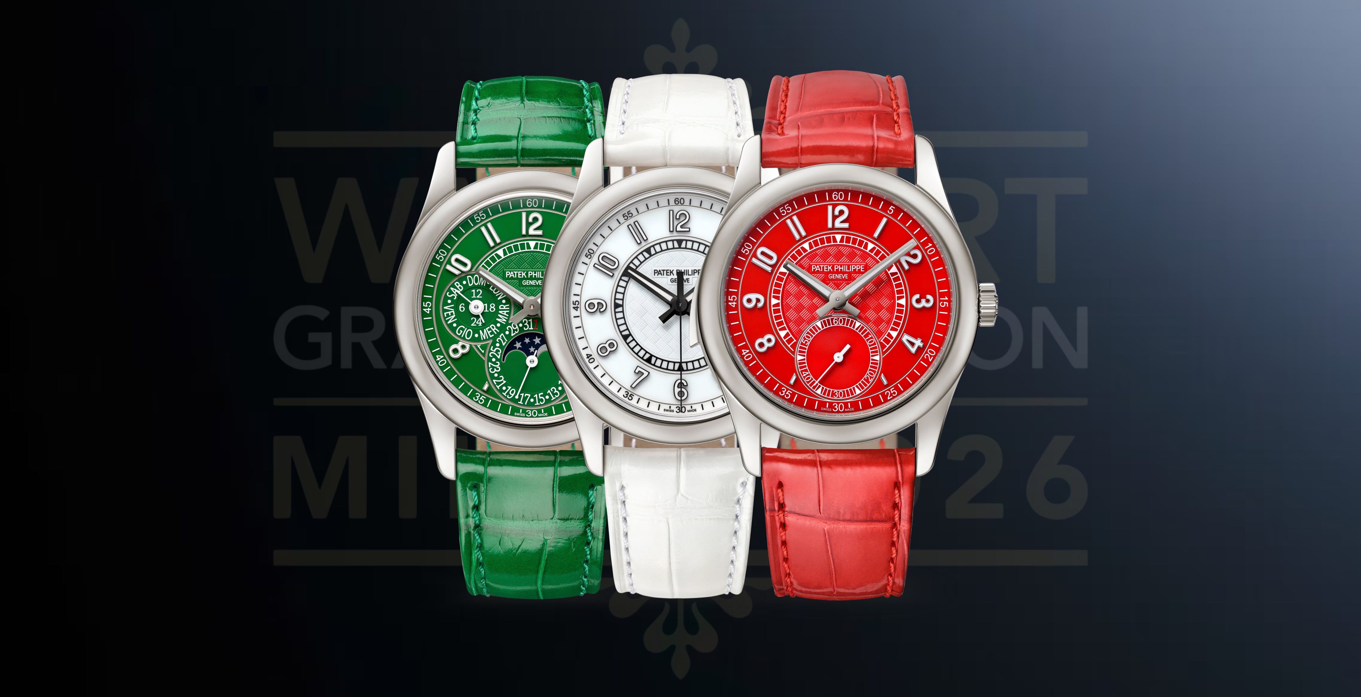 Three Patek Philippe white-gold Calatrava watches created for Milan 2026: green Ref. 7147G-010 perpetual calendar, white Ref. 7007G-010 date model and red Ref. 7047G-010 minute repeater, each with a matching alligator strap.