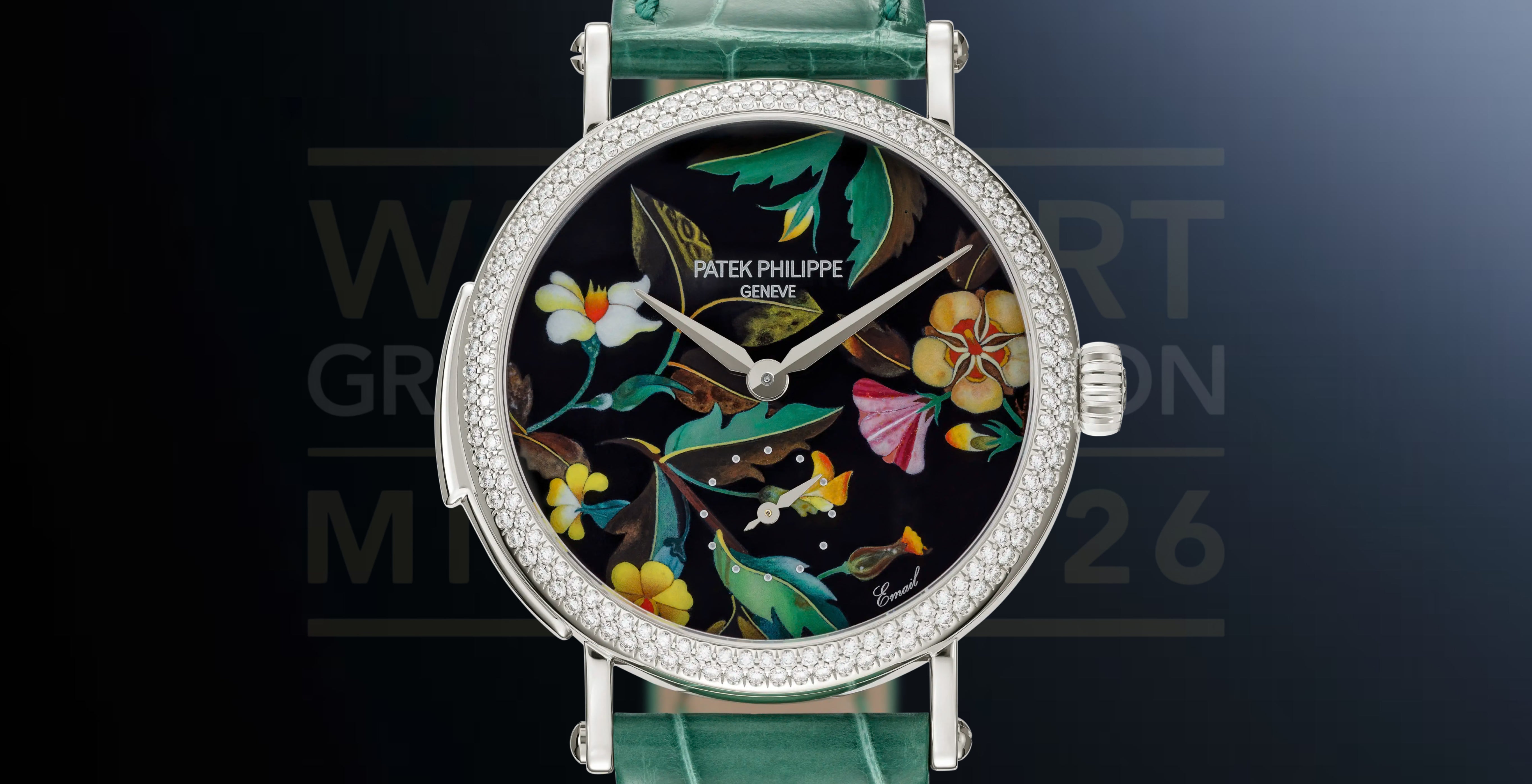 Unique Patek Philippe Ref. 7040/250G-011 minute repeater in white gold, featuring a floral miniature-painted enamel dial, diamond-set bezel, small-seconds display and turquoise-green alligator strap.