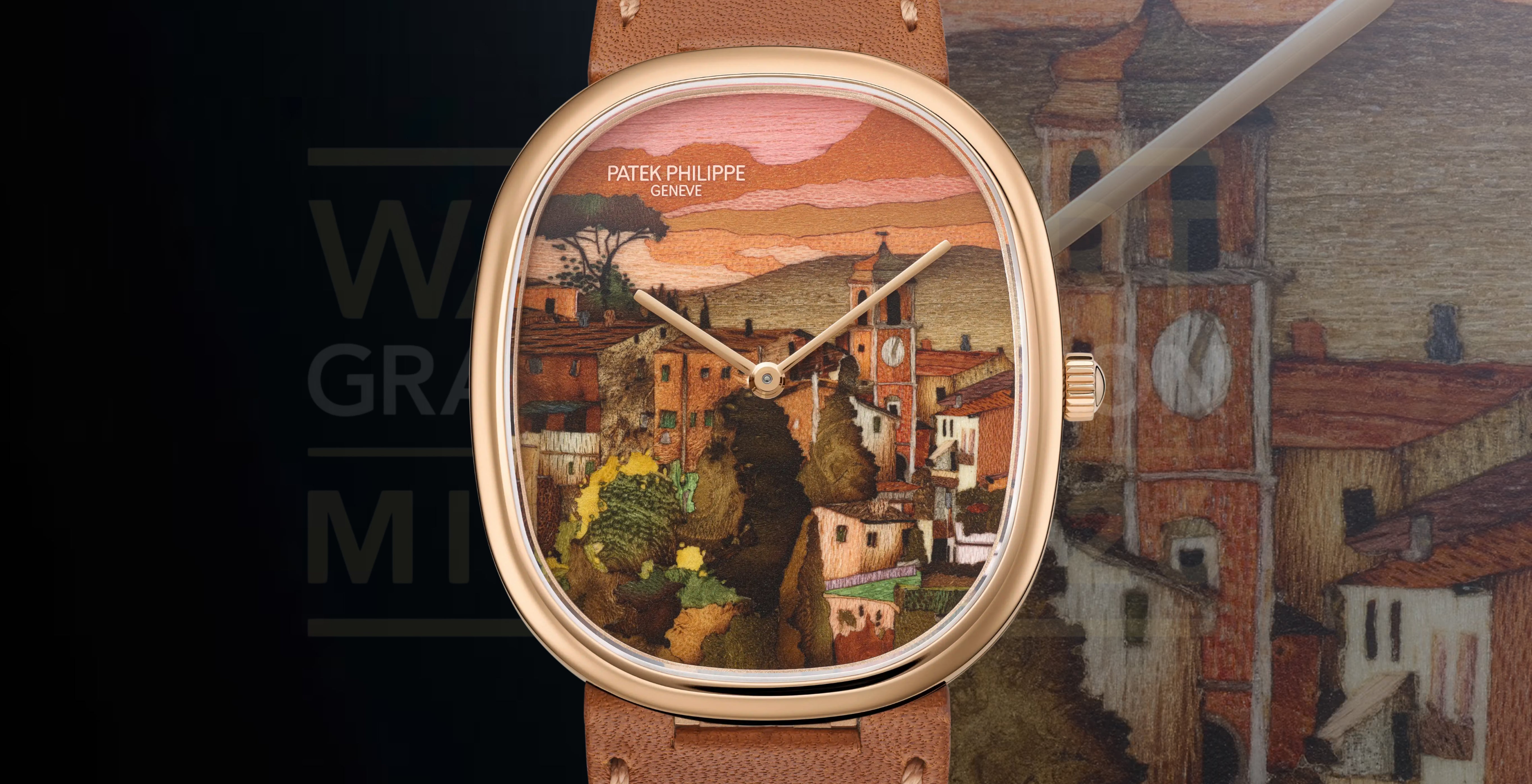 Patek Philippe Golden Ellipse Ref. 5738/50R-017 in rose gold, featuring a wood-marquetry dial depicting a Tuscan village at sunset and a light-brown calfskin strap.