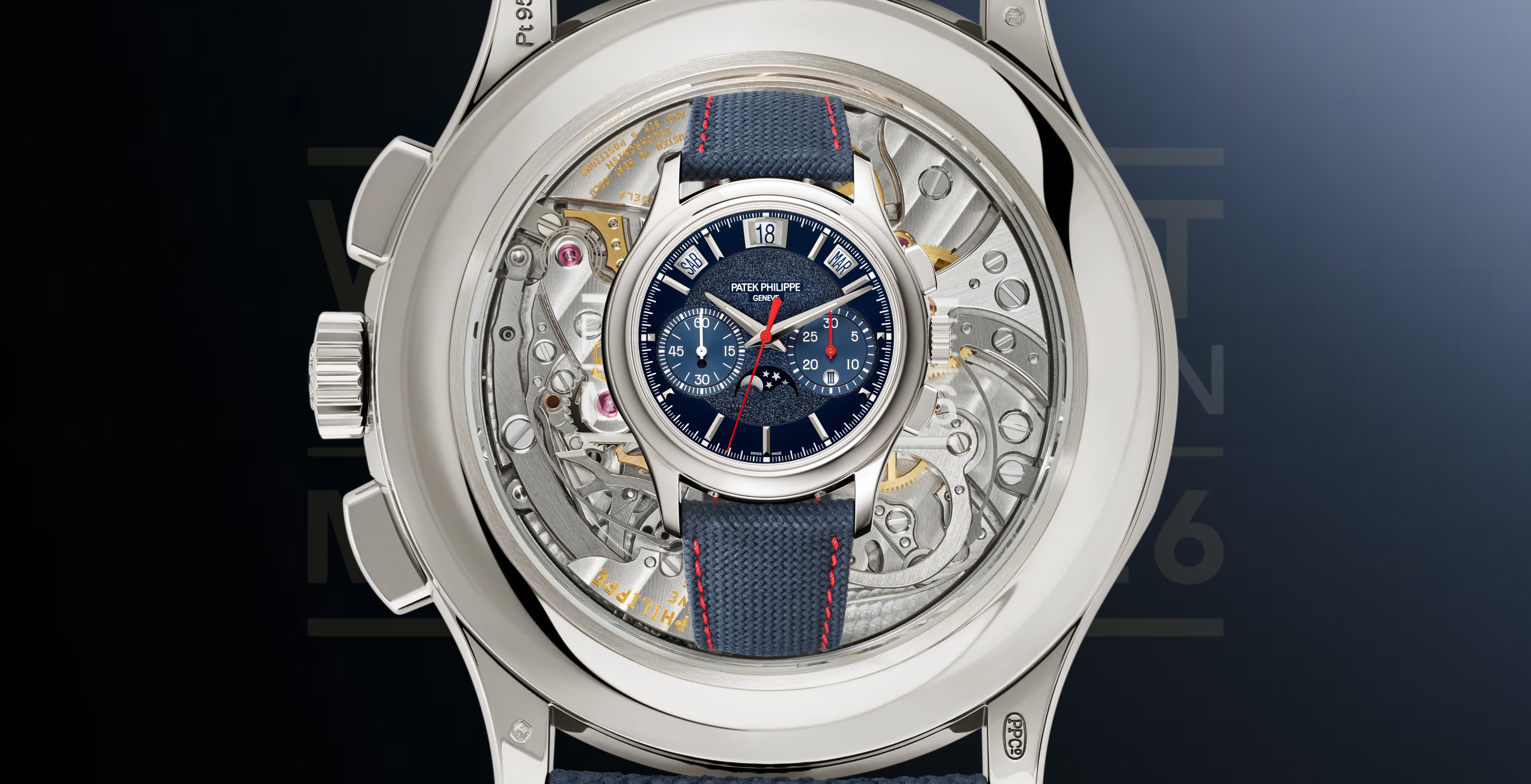 Patek Philippe Ref. 5978P-010 in platinum, featuring a navy dial, chronograph, instantaneous perpetual calendar, moonphase and red hands, displayed over an enlarged view of calibre CH 29-535 PS QI.