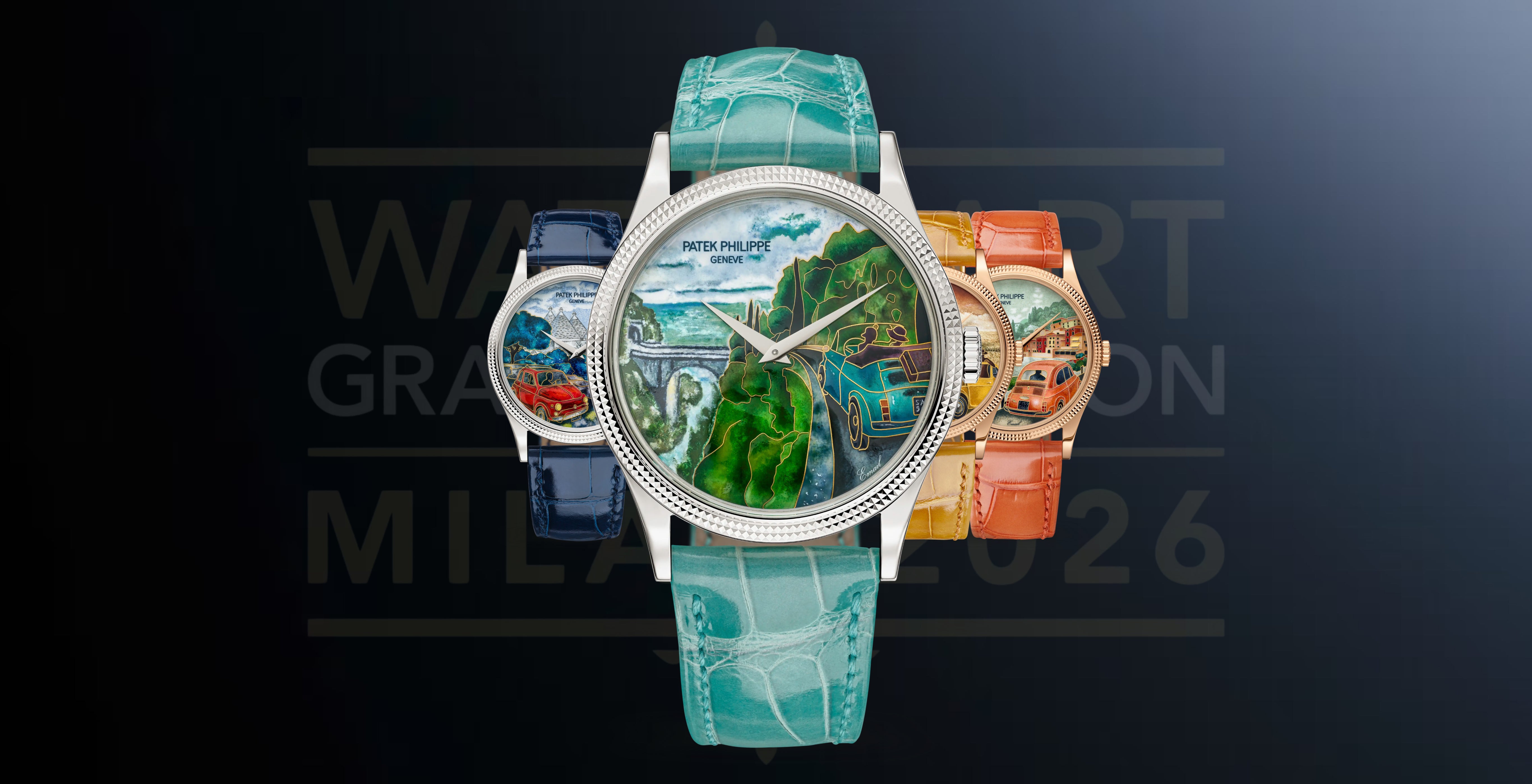 Four Patek Philippe Calatrava Rare Handcrafts watches—Amalfi Escapade, A Trip to Puglia, Stop-off in Chianti and Arrival in Como—featuring miniature enamel scenes of Fiat 500 cars travelling through Italy.