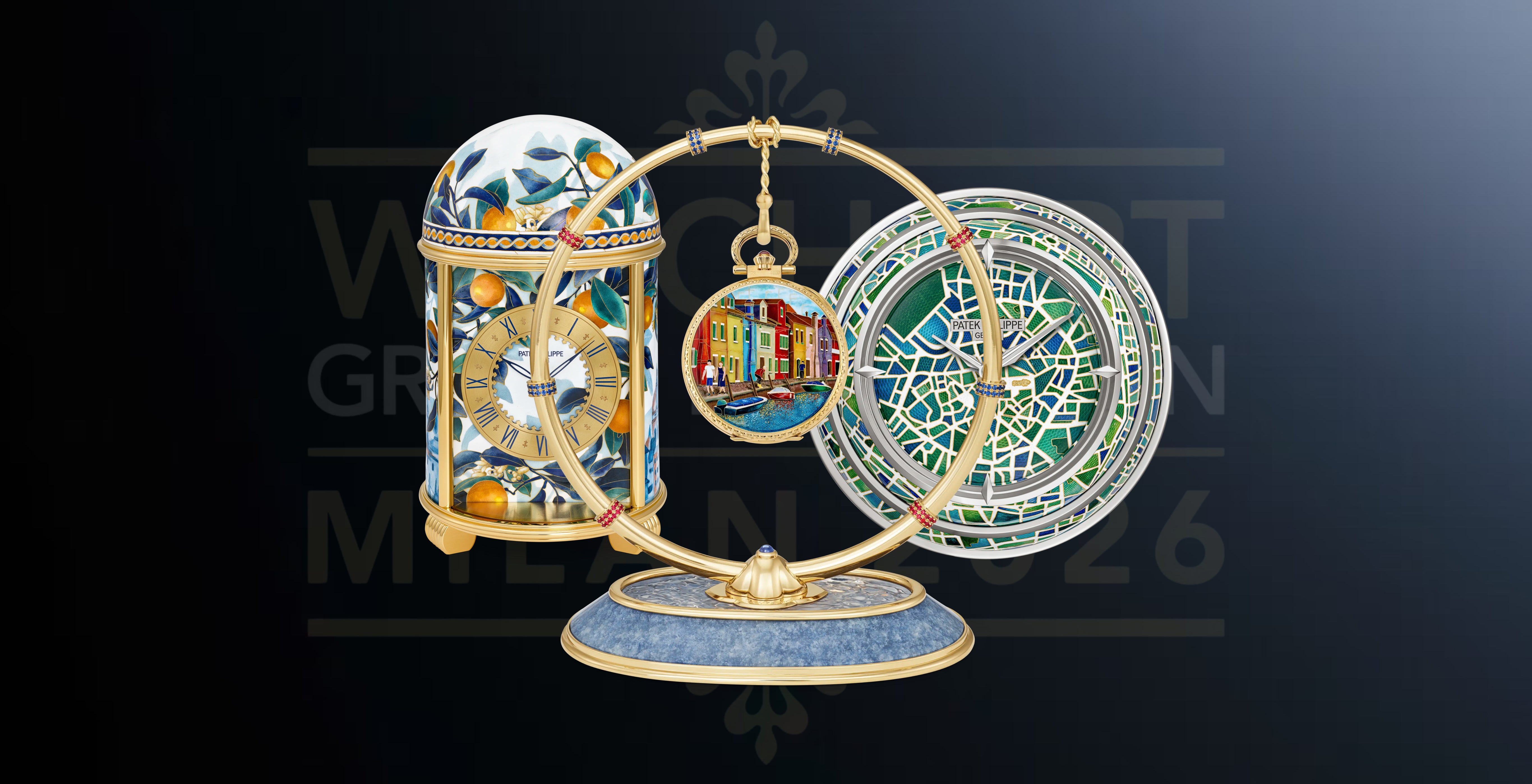Patek Philippe Rare Handcrafts pieces for Milan 2026, featuring the Sicilian Oranges dome table clock, Burano pocket watch Ref. 992/193J-001 and City of Milan table clock Ref. 25028M-001.