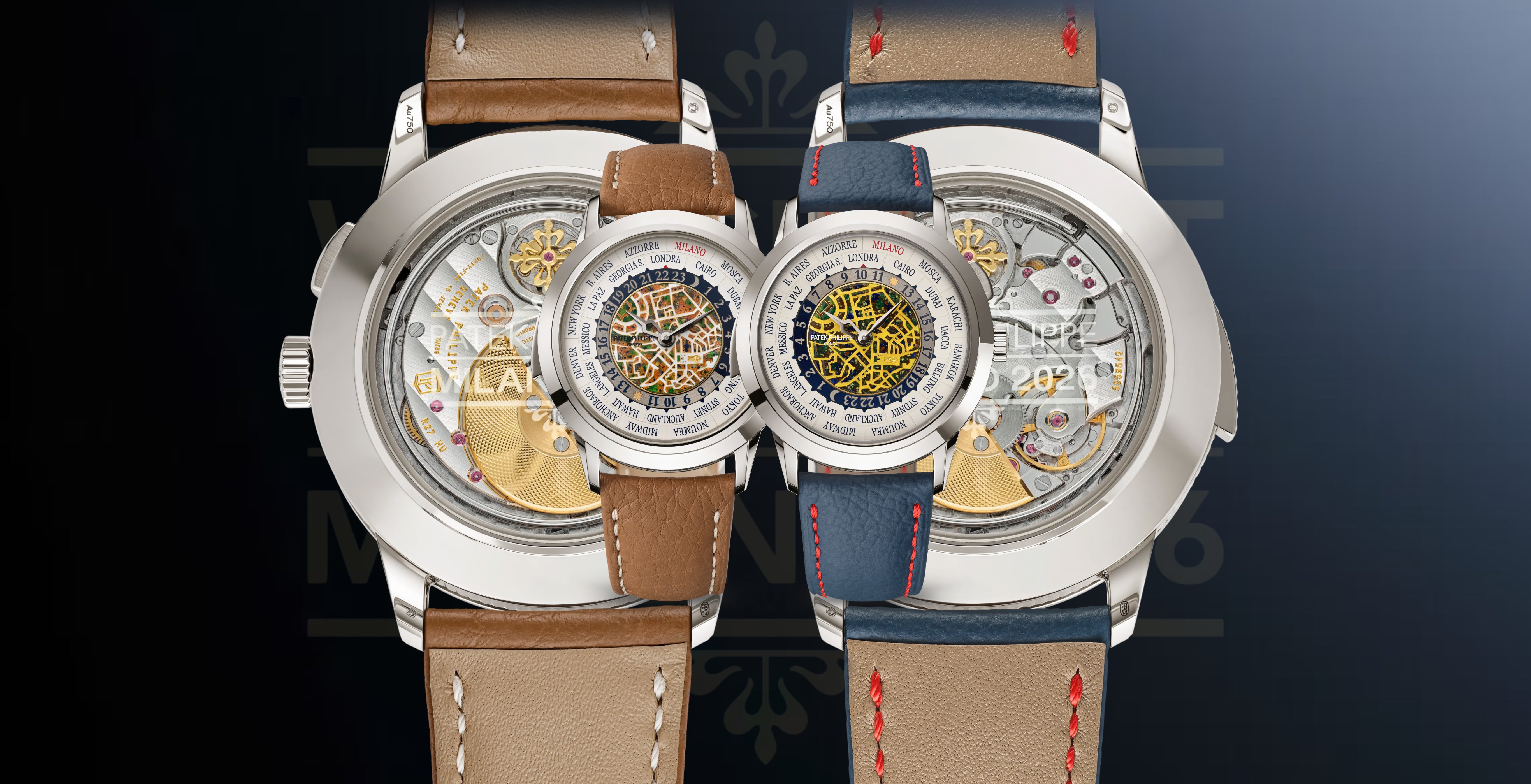 Patek Philippe World Time Minute Repeaters Ref. 5531G-012 and 5531G-013 in white gold, featuring Grand Feu cloisonné enamel maps of central Milan by day and night, displayed over enlarged views of automatic calibre R 27 HU.
