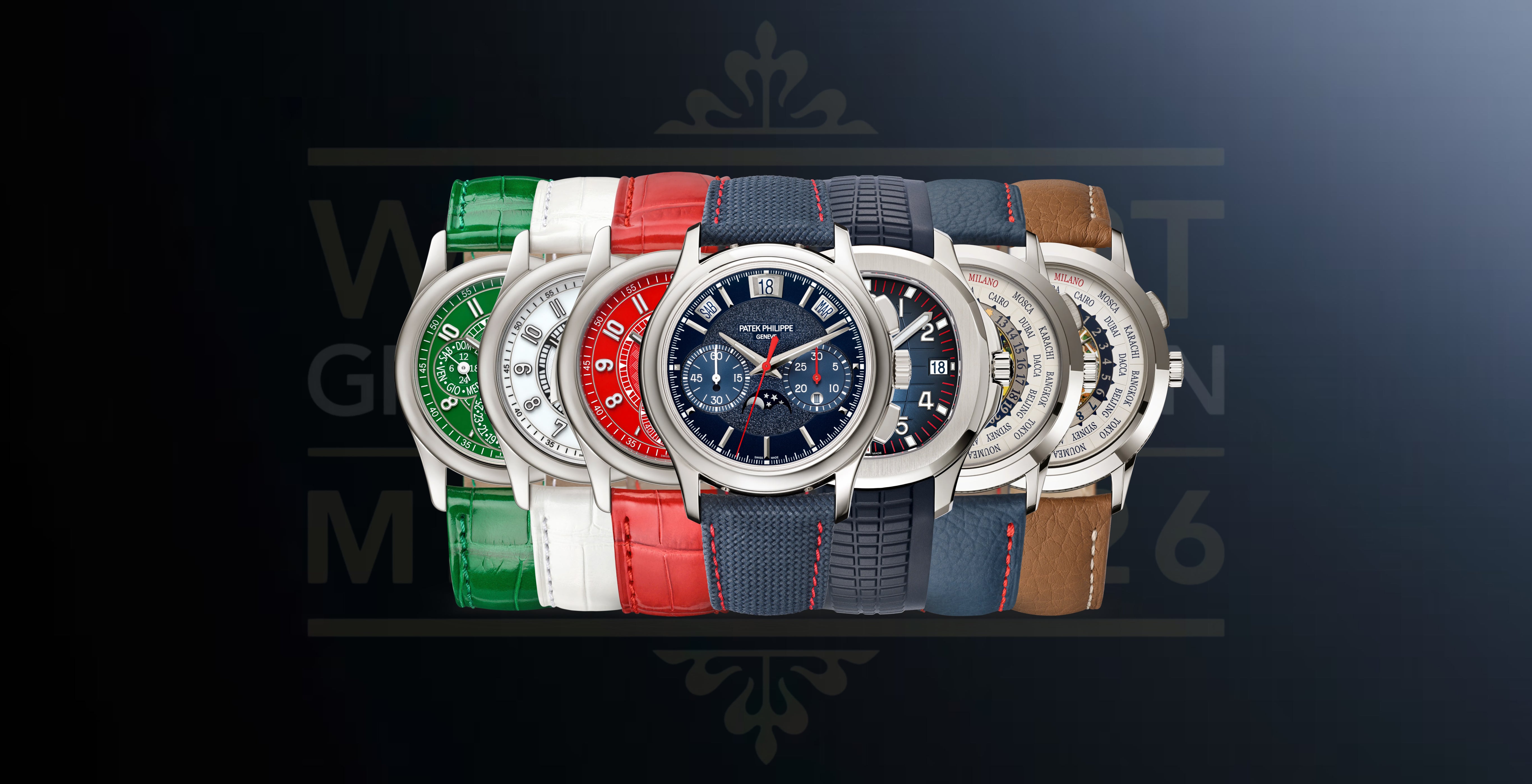 Seven Patek Philippe limited-edition watches created for the Watch Art Grand Exhibition Milan 2026, including the platinum Ref. 5978P-010 perpetual calendar chronograph, Aquanaut, Calatrava and World Time Minute Repeater models.