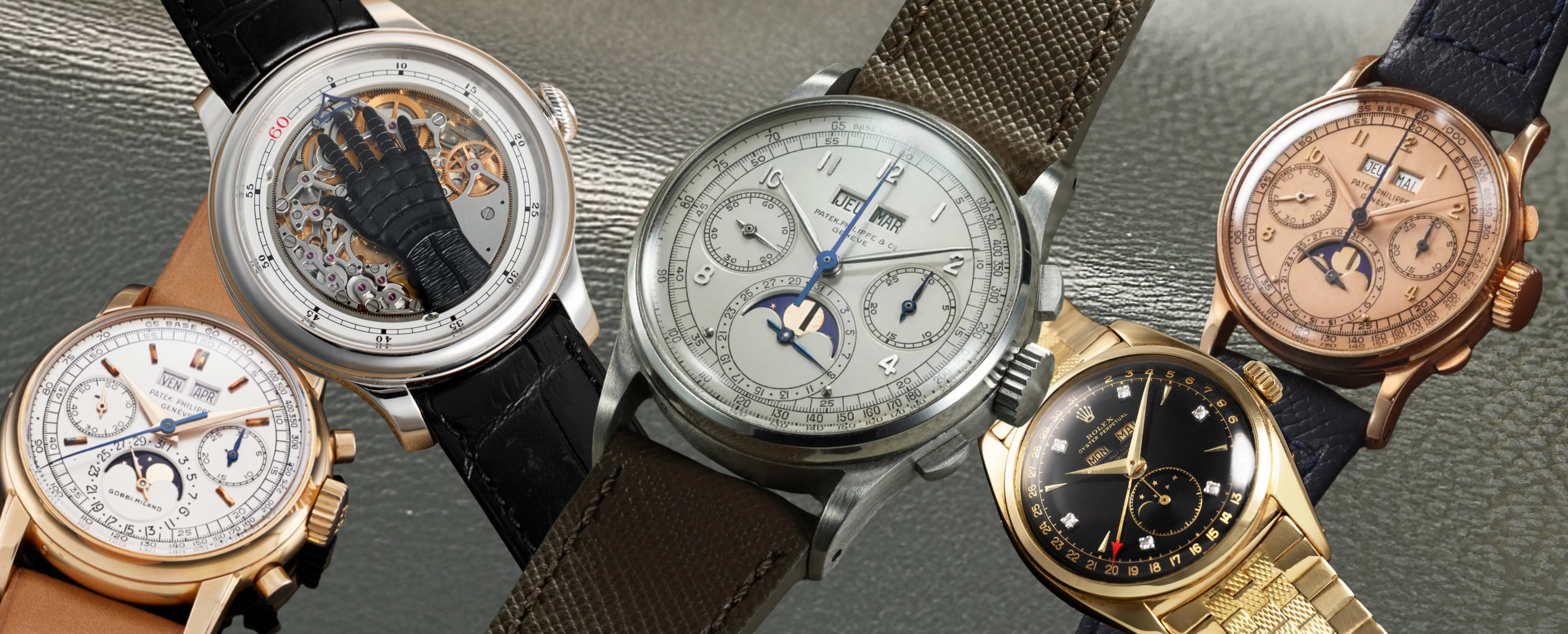Patek Philippe 1518, F.P. Journe FFC Prototype, Rolex 6062, Patek Philippe 1518 pink gold and Patek Philippe 2499 Second Series watches. 