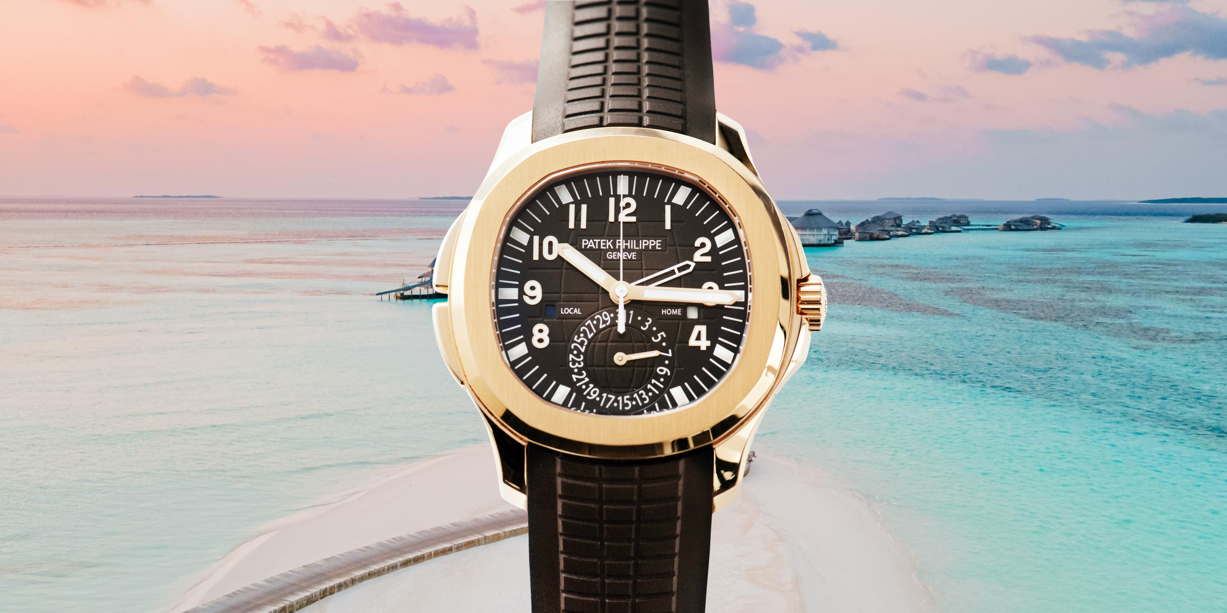 Patek Philippe Aquanaut Travel Time in rose gold against a Maldives sunset backdrop.