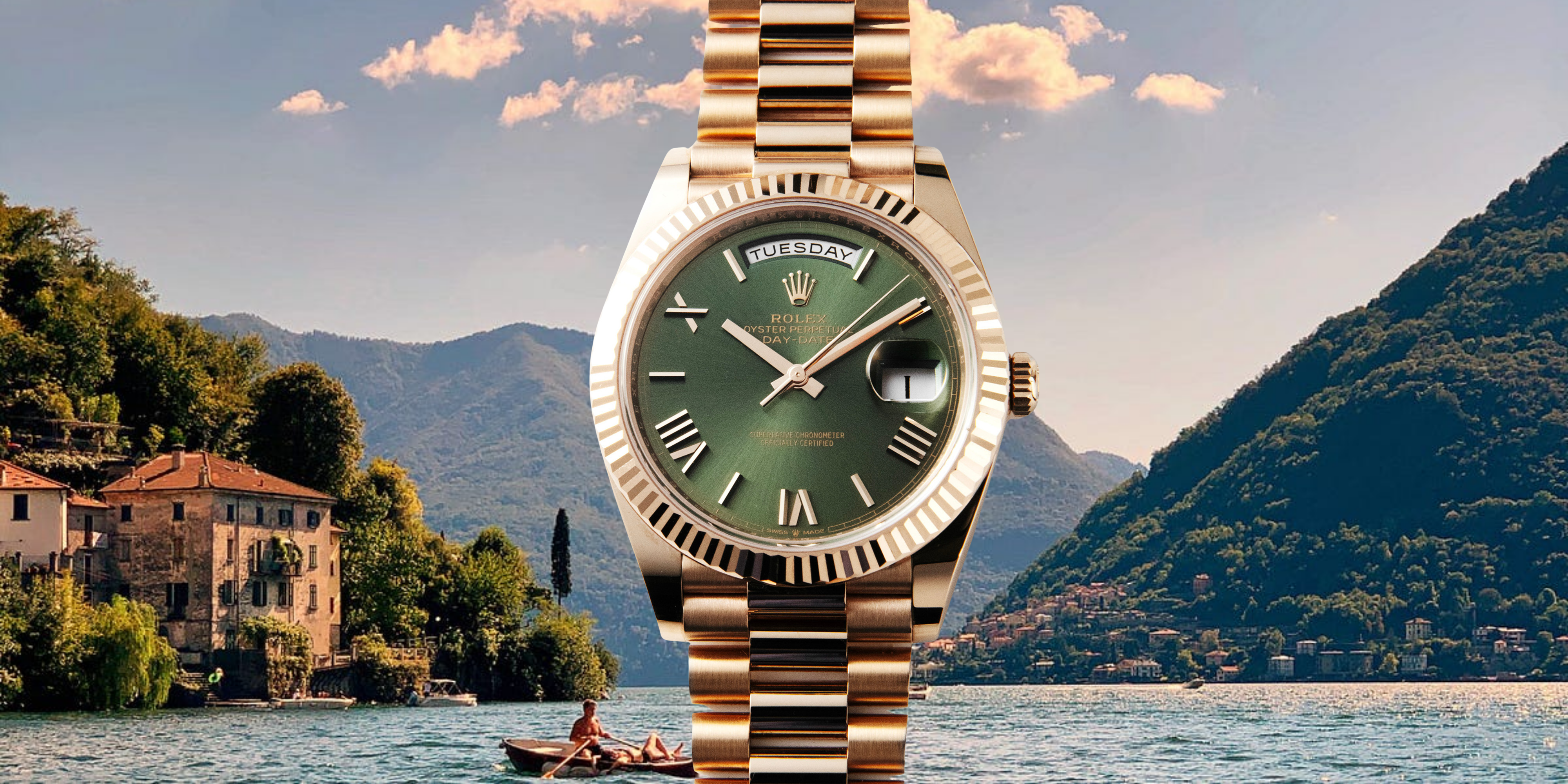 Rolex Day-Date 40 in Everose gold with olive green dial overlooking Lake Como, Italy.