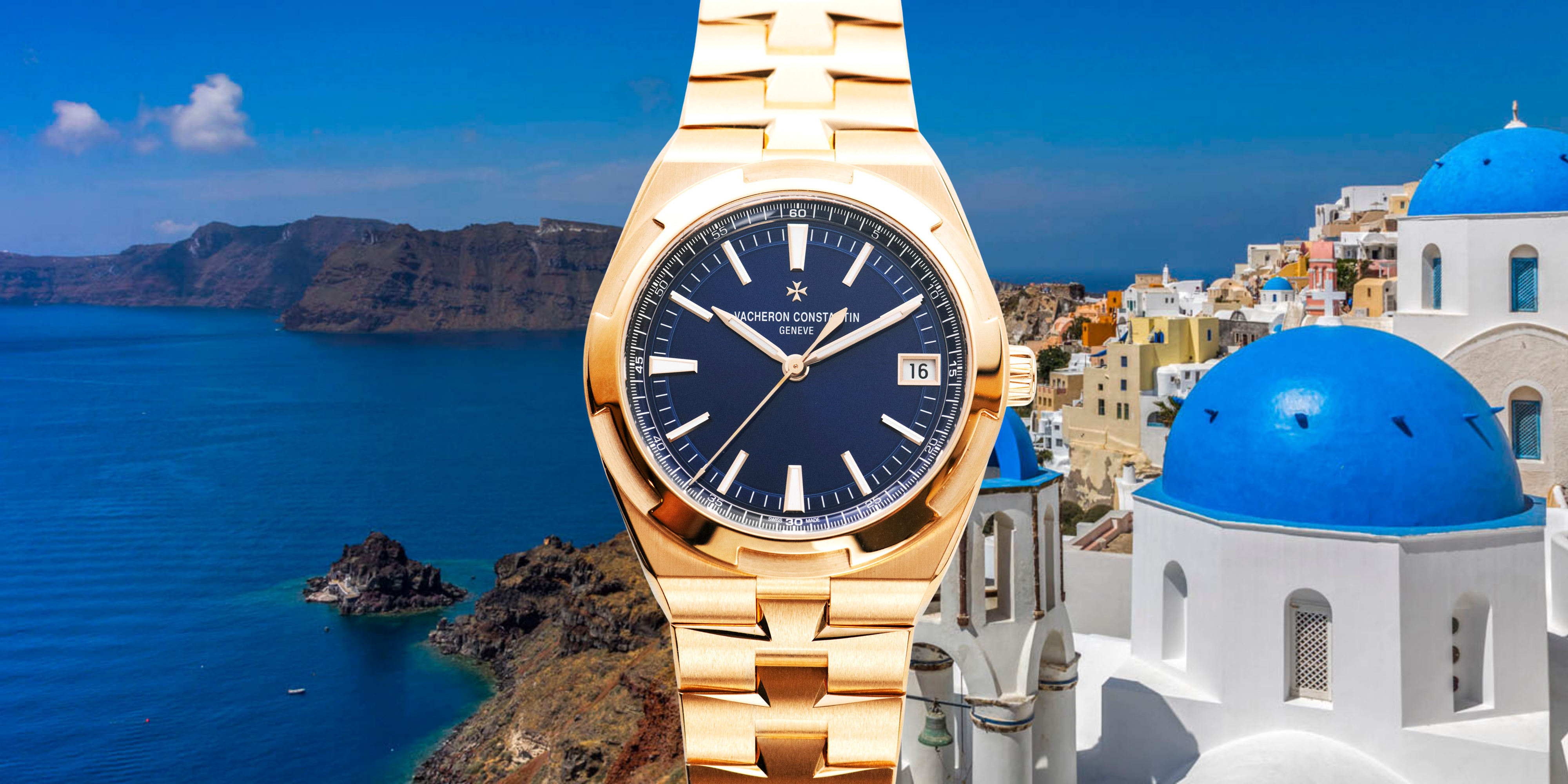 Vacheron Constantin Overseas in rose gold overlooking the coastline of Santorini, Greece.